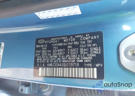 2016 Hyundai Tucson Se z USA, uszkodzony, nr VIN KM8J33A41GU115719